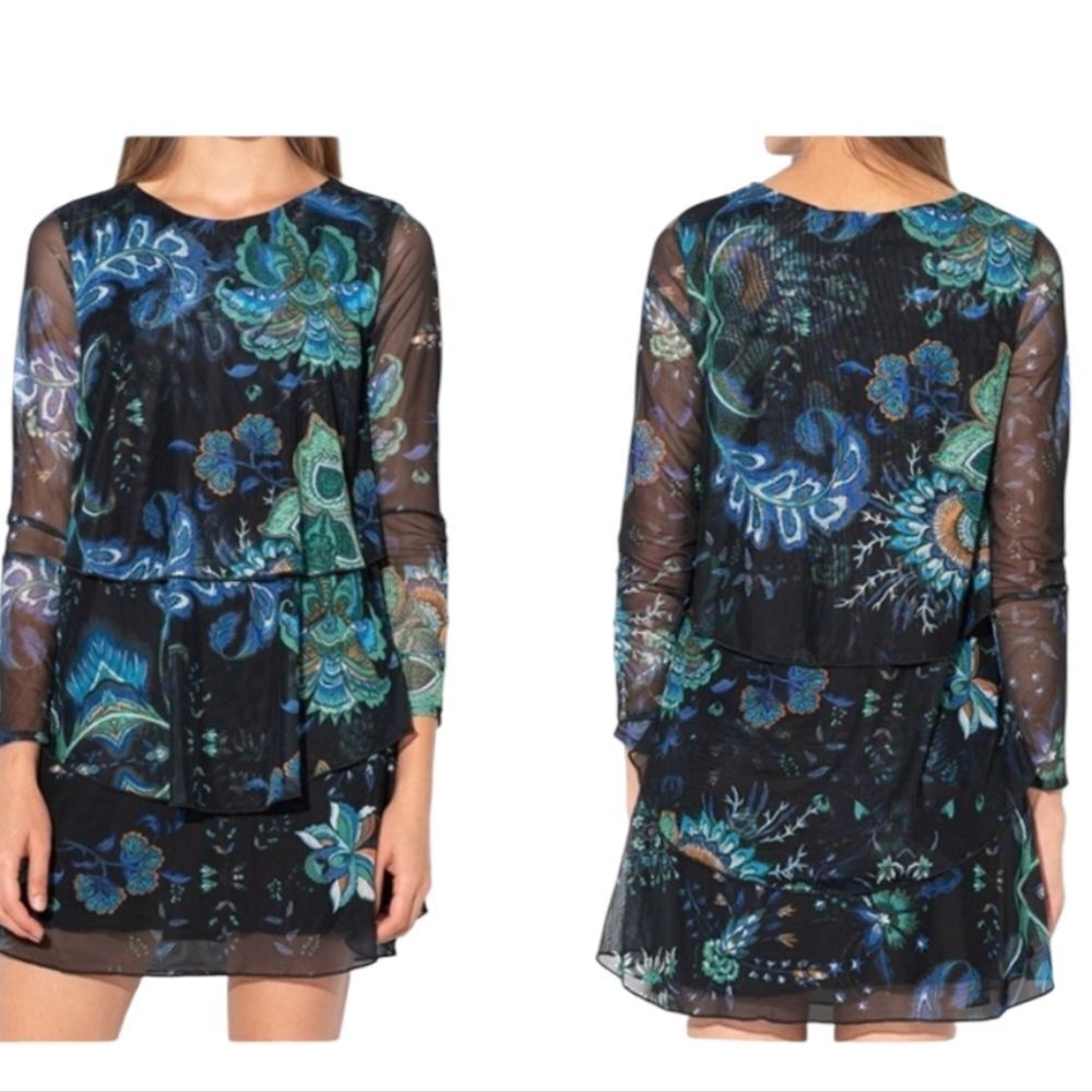 Desigual Mesh Dress Sheer Long Sleeve Tiered Mini Black Floral Blue Layered XL